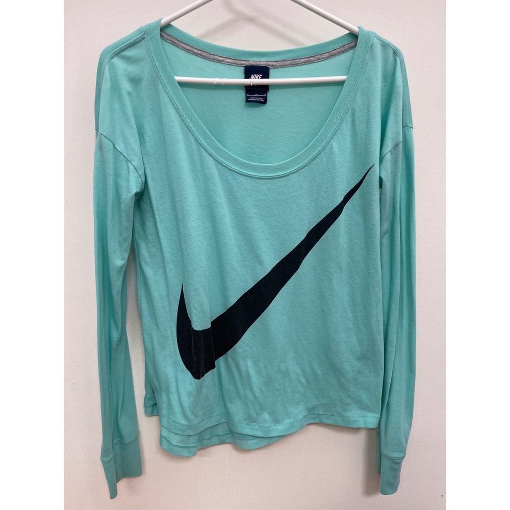 Nike Womens Teal Blue Big Swoosh Scoop Neck Long Sleeve T-Shirt Size M